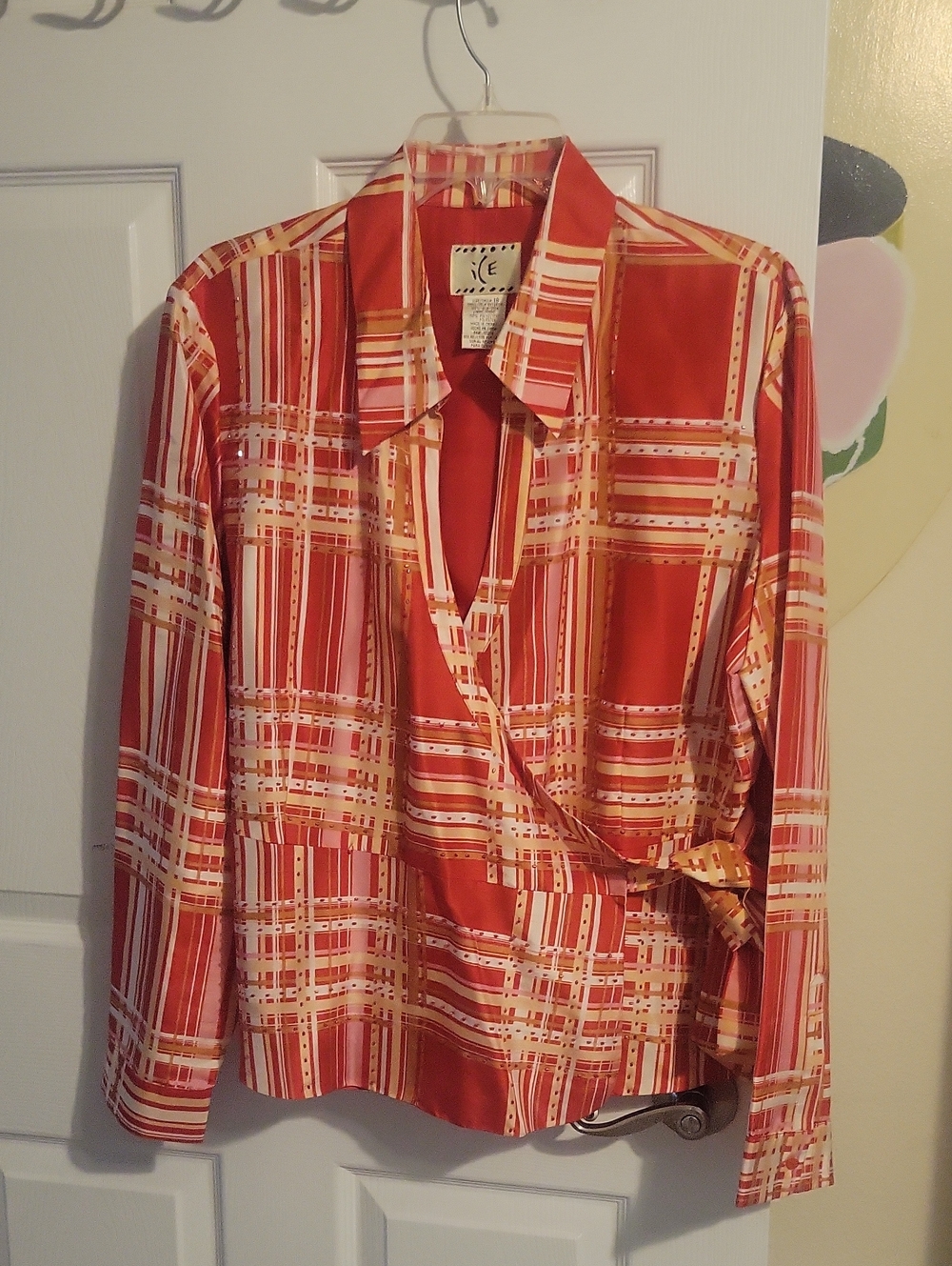 Vintage ICE Sz18 Y2K Silk Plaid Wrap Top Long sleeve vNeck Blouse